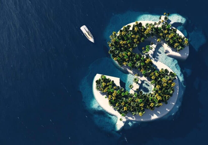 Success way. Tropical island in the form of dollar, 3D Illustration