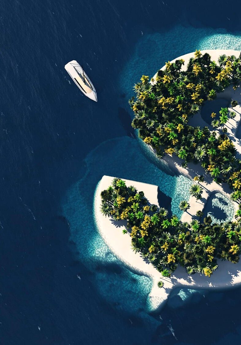 Success way. Tropical island in the form of dollar, 3D Illustration