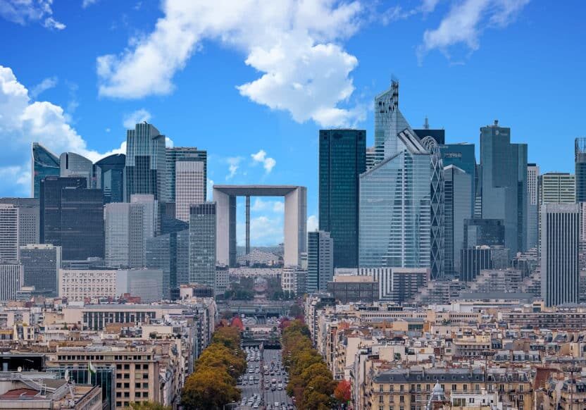 La Defense Financial District Paris France in autumn. Traffic on