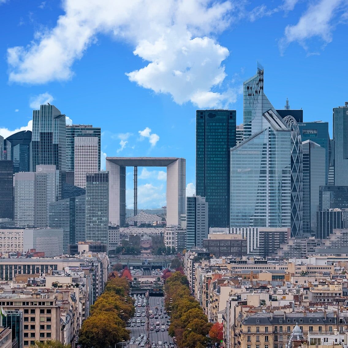 La Defense Financial District Paris France in autumn. Traffic on