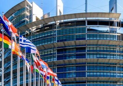 Strasbourg, France - September 13, 2019: Entrance of the Louise Weiss building, inaugurated in 1999, the official seat of the European Parliament which houses the hemicycle for plenary sessions.