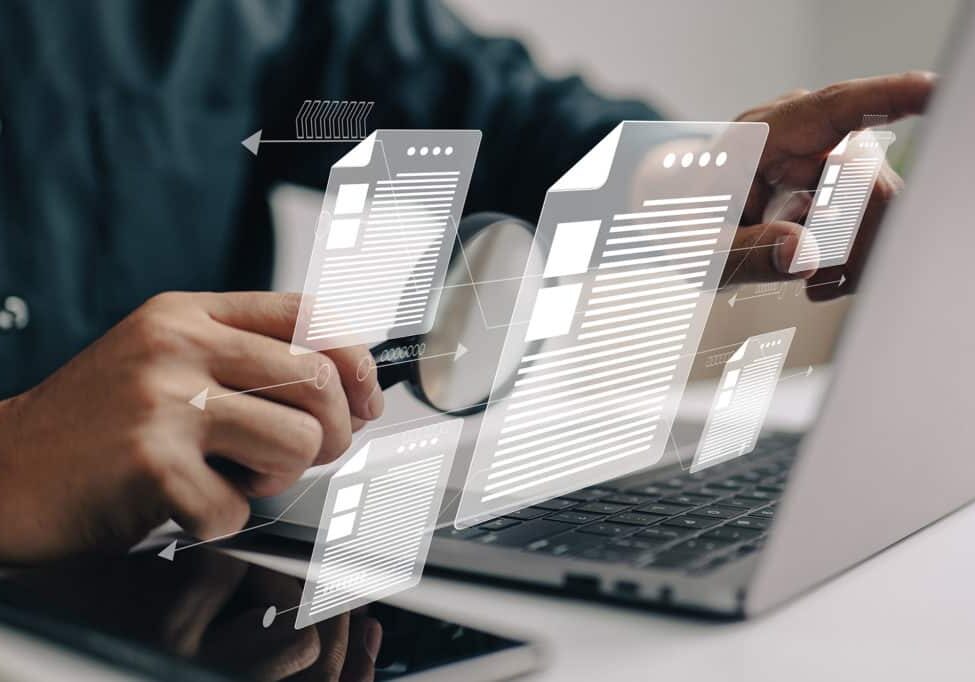 Man inspects paper with magnifying lens. Business analysis, auditing, professional document review, inquiry, and inspection are all concepts that are used in business analysis.