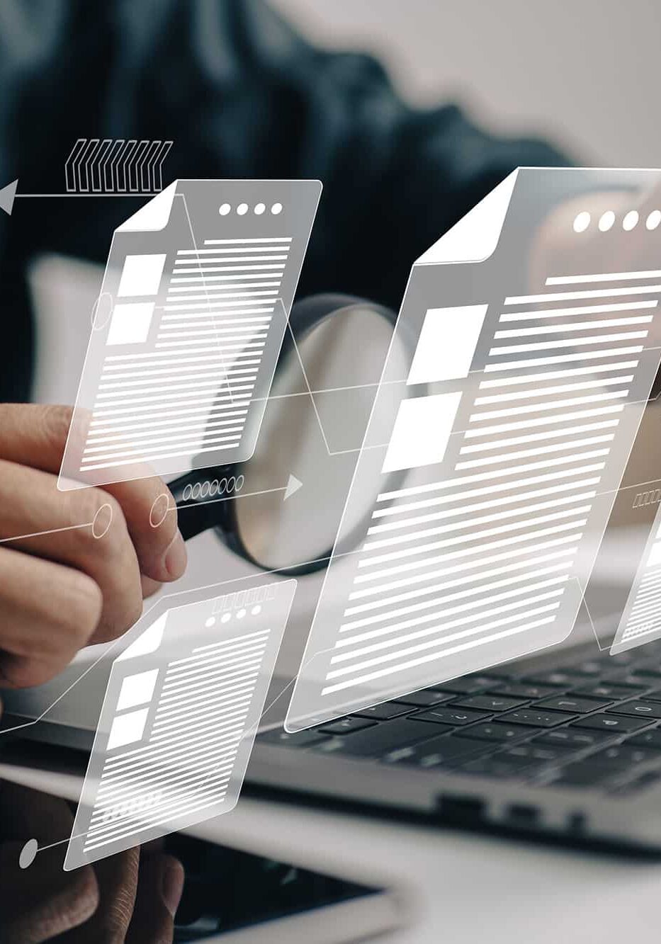 Man inspects paper with magnifying lens. Business analysis, auditing, professional document review, inquiry, and inspection are all concepts that are used in business analysis.