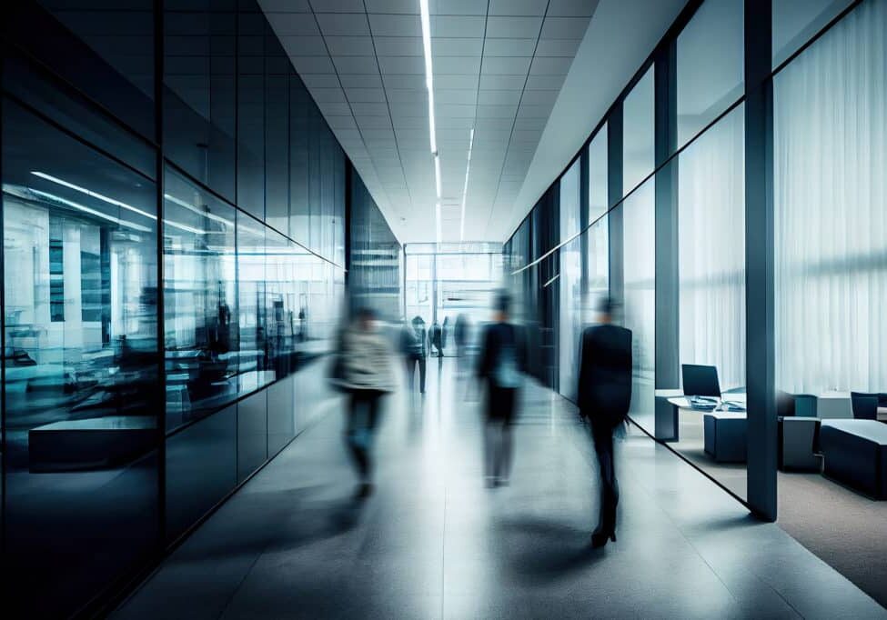 Long exposure shot of modern office lobby with business people. Generative AI