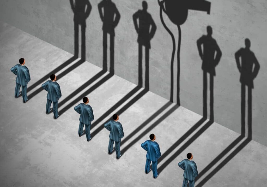 Whistle blower or whistleblower concept as a symbol of a secret informer agent posing as an employee with his cast shadow of a whistle as a metaphor for inside infoermation on misconduct in a 3D illustration style.